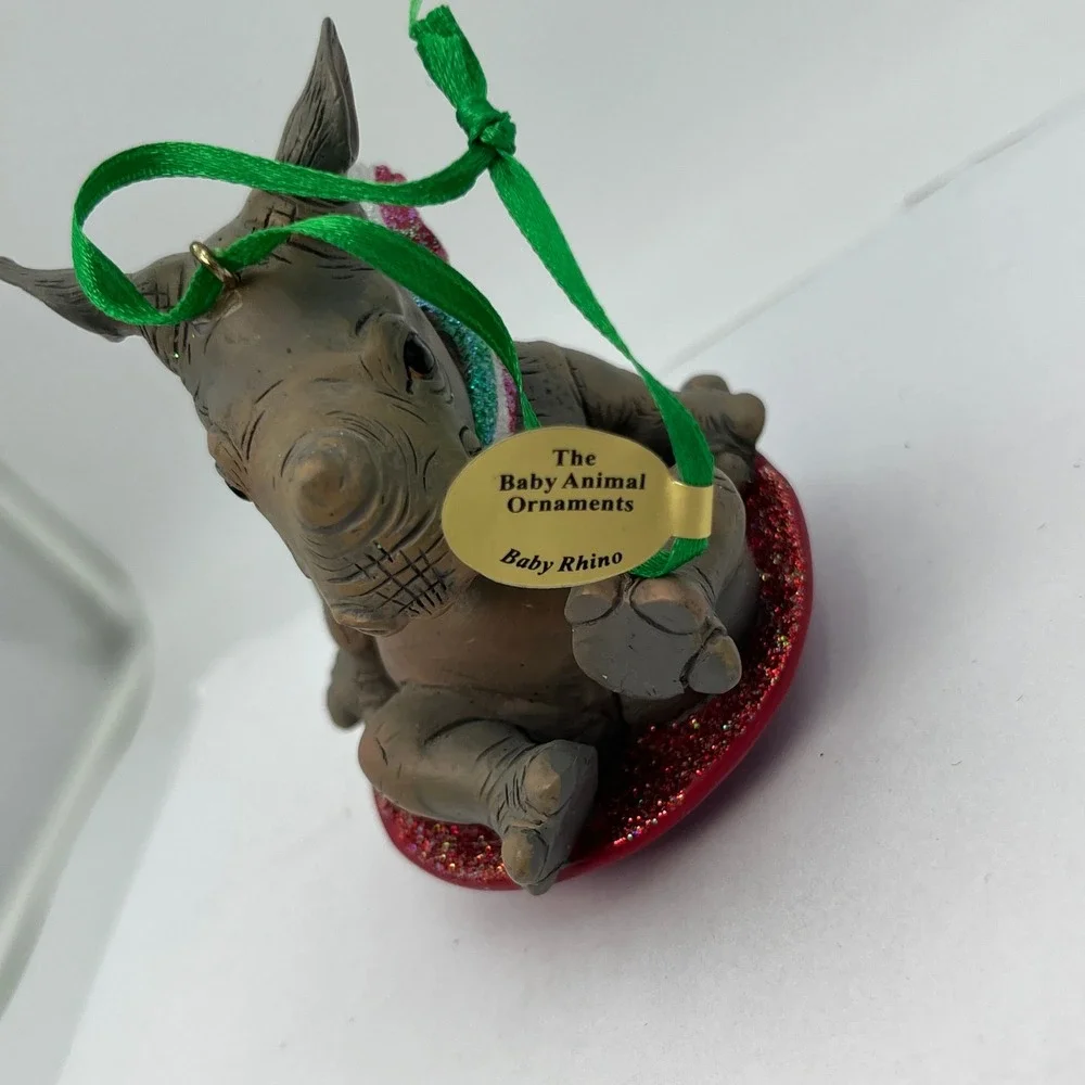 Danbury Mint Baby Rhino Christmas Ornament Glitter Sled Scarf Holiday Decor